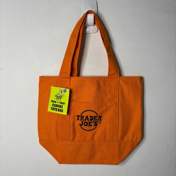 LOT 2x — Trader Joe’s Canvas MINI Tote Bag — Halloween Trick Treat Orange Purple - Picture 2 of 10